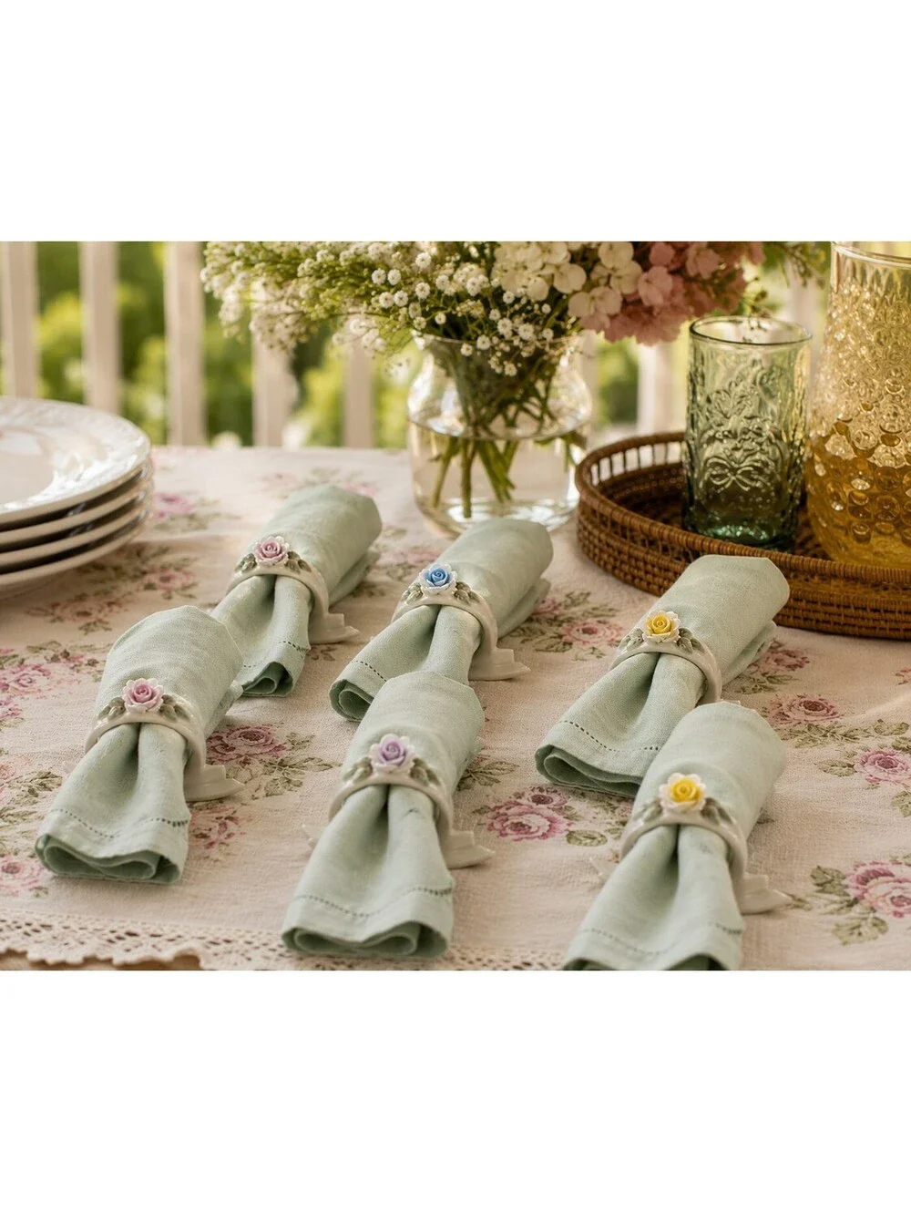 Vintage Set of 6 Rose Pink Yellow Blue Porcelain Napkin Rings Made In Japan